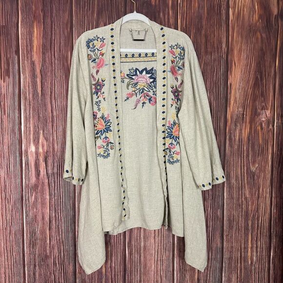 paparazzi Jackets & Blazers - Paparazzi Womens Kimono Jacket Embroidered Open Front Beige Linen Blend Size XL